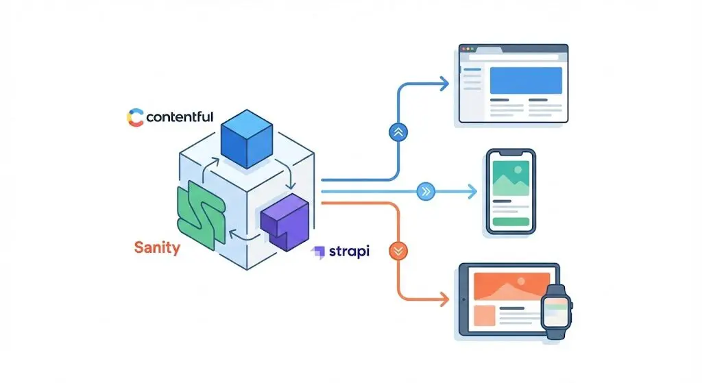 Headless CMS architecture showing content delivered via APIs to websites and applications